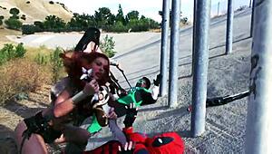 yo, ever seen a wild foursome cosplay with deadpool, wonderwoman, red sonja, and green lantern?