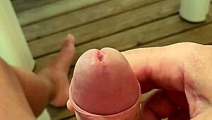 Extremely aroused guy almost finishes on mobile home terrace at campsite.