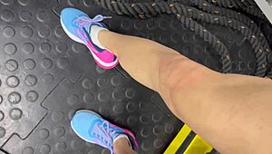 another day at the gym with this brunette bodybuilder getting wet and working out hard.