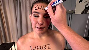 brunette with small tits sucks cock while i spit and cum on her face