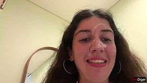 cum on a girl’s face in a public cafe. she eats lunch with cum dripping!