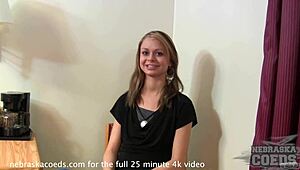 petite model strips for her first naked casting on sofa