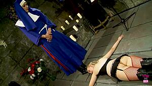 Hey, watch this possessed blonde lick a perverted nun's tight pussy in wild cosplay!