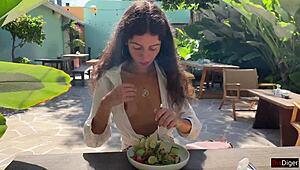 cum on a girl’s face in a public cafe. she eats lunch with cum dripping!