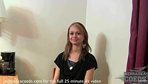 petite model strips for her first naked casting on sofa