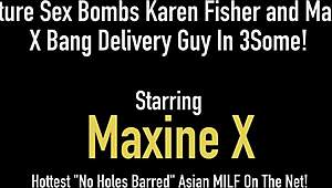 Mature sex bombs Karen Fisher and Maxine X bang delivery guy in threesome, feeling the intense passion and desire