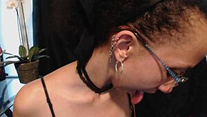 Drooling over nude lipstick with wet tongue