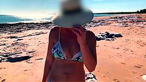 wifey flashing her big tits at the beach in sexy bikini