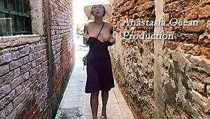 Trying Clothes Naked in Public Fitting Room with Open Curtain