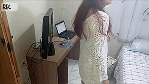 Redhead in uniform receives horny maintenance guy alone at home, hidden camera