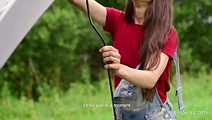 This sexy 18-year-old virgin waits for help. She gets pounded doggy style!