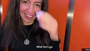 Risky public anal sex in elevator with pov blowjob and cum on ass