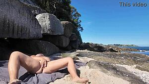Curvy Nudist Wife Flaunts Hairy Pussy on Public Beach in Softcore Scene.