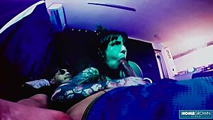 Tenshii Tushii demolished in doggystyle after cock sucking! 😈 Wild babe with natural tits and piercing gets interviewed.