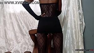 18y old ebony teen fucked hard in fishnet, skirt up, tight pussy slammed