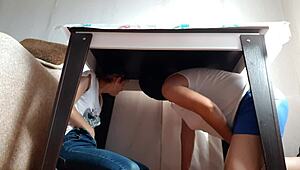 Hidden Under Table for Lesbian Masturbation