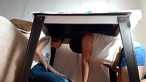 Hidden Under Table for Lesbian Masturbation