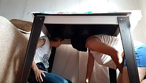 Hidden Under Table for Lesbian Masturbation