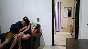 Dude, cuckold showers while wife cheats with brother on couch! 🚿