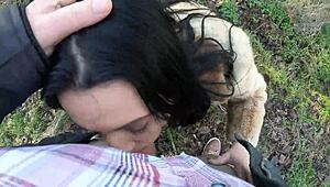 Cheating wife sucks cock outdoors with husband’s friend during fur-coat shopping! Hell yeah!