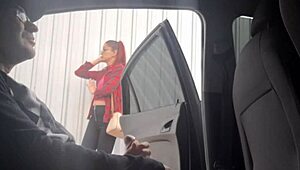 Risky street handjob for student at bus stop, wow