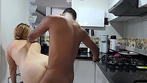 Puta rubia latina sucks cock in kitchen part 2 and takes cum on ass