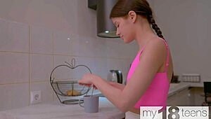 Skinny brunette teen fucks her tight pussy with cream on sofa