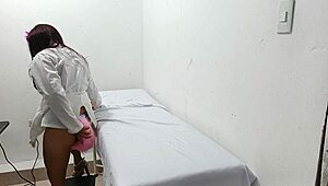 Doctor in uniform dominates with dildo fucking in hospital roleplay