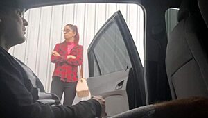 Risky street handjob for student at bus stop, wow