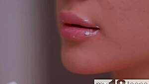 Skinny brunette teen fucks her tight pussy with cream on sofa