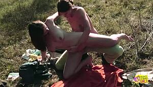 Two Brunette Friends Turn Outdoor Picnic Into Intense Lesbian Strapon Fucking With Orgasms