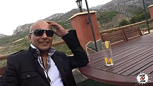 The bitch whore sucks her master's big cock outdoors.