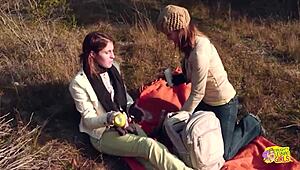 Two Brunette Friends Turn Outdoor Picnic Into Intense Lesbian Strapon Fucking With Orgasms