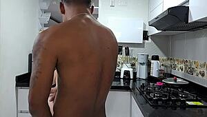 Puta rubia latina sucks cock in kitchen part 2 and takes cum on ass