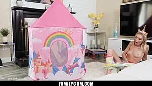 Stepsister catches stepbro jerking off and offers a helping hand