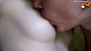 Close-Up Big Tits Licking with Tongue on Petite Blonde Nipples