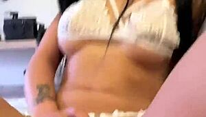 Busty latina lingerie model enjoys backstage vertical pov sex