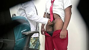 Lady doctor examines school student in hospital setting