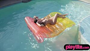 Curvy MILF with big tits strips nude in the pool, exposing her big wet ass.