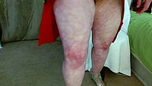 Seated in Red Dress, Flashing Hairy Pussy While Flexing Calves