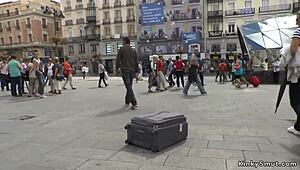 Petite Spanish slut dominated in public kinky bondage punishment session.