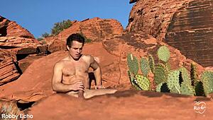 the guy enjoys outdoor anal masturbation in the fresh air.