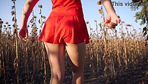 Hot MILF teases with sexy thong ass in short skirt outdoors.