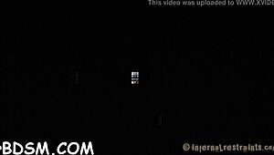 captivating brunette slave masturbates wet pussy with vibrator in bdsm blowjob hardcore