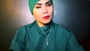 The latex-gloved femdom mistress dominates her submissive in a fetish session