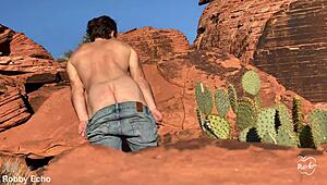 the guy enjoys outdoor anal masturbation in the fresh air.