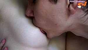 Close-Up Big Tits Licking with Tongue on Petite Blonde Nipples