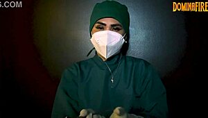 The latex-gloved femdom mistress dominates her submissive in a fetish session