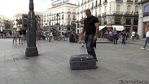 Petite Spanish slut dominated in public kinky bondage punishment session.