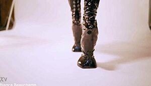 Dominant babe in latex uniform and heels controls every submissive move